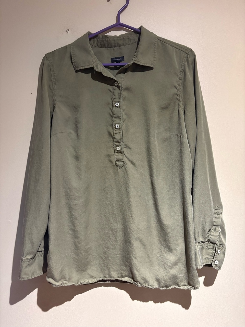 Talbots Collared Buttoned Blouse Roll Up Sleeves Green Size Medium Neutral